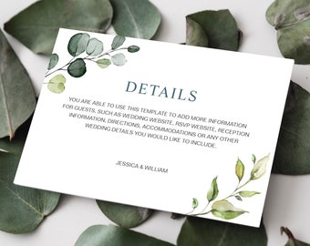 Wedding Details Card, White Watercolor Eucalyptus Stylish 3.5x5 Corjl Editable Template, Downloadable Printable JPG PNG and Pdf