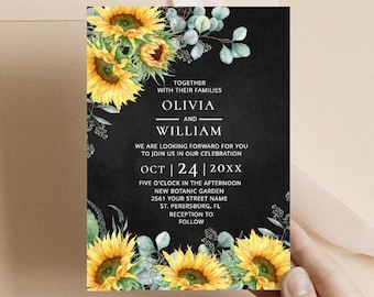 Invitación de boda rústica con girasoles en pizarra negra, diseño floral de 5x7 pulgadas, plantilla editable de Corjl, descarga gratuita en JPG y PDF imprimibles + impresión bajo demanda