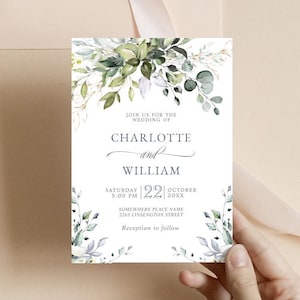 Elegant Watercolor Eucalyptus Greenery Wedding Printable Invitation Corjl downloadable editable template png, jpg, pdf image 1