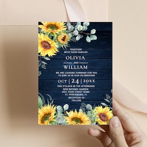 Blaue rustikale Holz Sonnenblumen Hochzeitseinladung, Floral 5x7, Corjl bearbeitbare Vorlage, herunterladbare druckbare JPG PNG und PDF