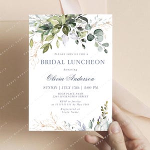 Elegante Aquarell Eukalyptus Greenery Blumen Brautdusche Mittagessen Druckbare Einladung Corjl Herunterladbare bearbeitbare Vorlage PNG, JPG, PDF