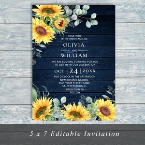 May include: A 5 x 7 inch invitation with a navy blue wood grain background. The invitation features watercolor sunflowers and eucalyptus. Text includes names, date, time, location, and "Editable Invitation."