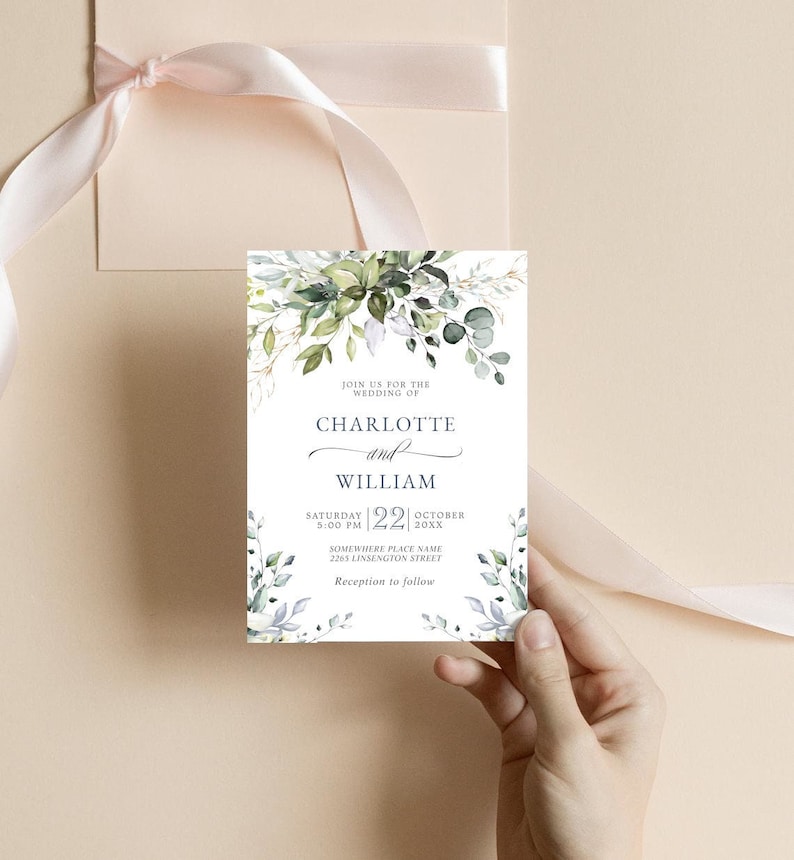 Elegant Watercolor Eucalyptus Greenery Wedding Printable Invitation Corjl downloadable editable template png, jpg, pdf image 1