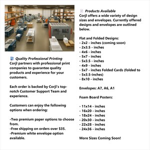 May include: An image showcasing a printing facility with various machines and products. Text lists available flat and folded designs, envelopes, and foam board poster sizes, including 2x2, 4x6, 5x7, and 8x10 inches. The text also mentions premium paper options and free shipping.