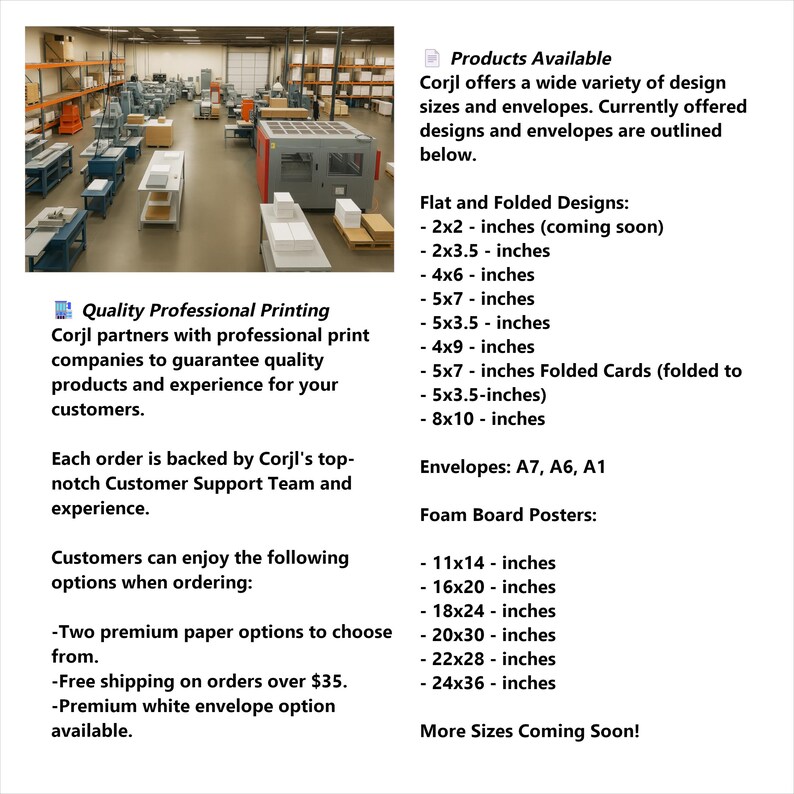 May include: An image showcasing a printing facility with various machines and products. Text lists available flat and folded designs, envelopes, and foam board poster sizes, including 2x2, 4x6, 5x7, and 8x10 inches. The text also mentions premium paper options and free shipping.