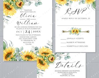 White Watercolor Rustic Sunflower Wedding Editable Invitation, RSVP, Details Card Templates; Printable Editable Template JPG Pdf + Print POD