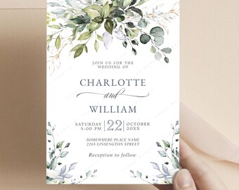 Elegant Watercolor Eucalyptus Greenery Wedding Invitation, Digital Card Invite; Corjl Printable Editable Template JPG PDF + Print POD