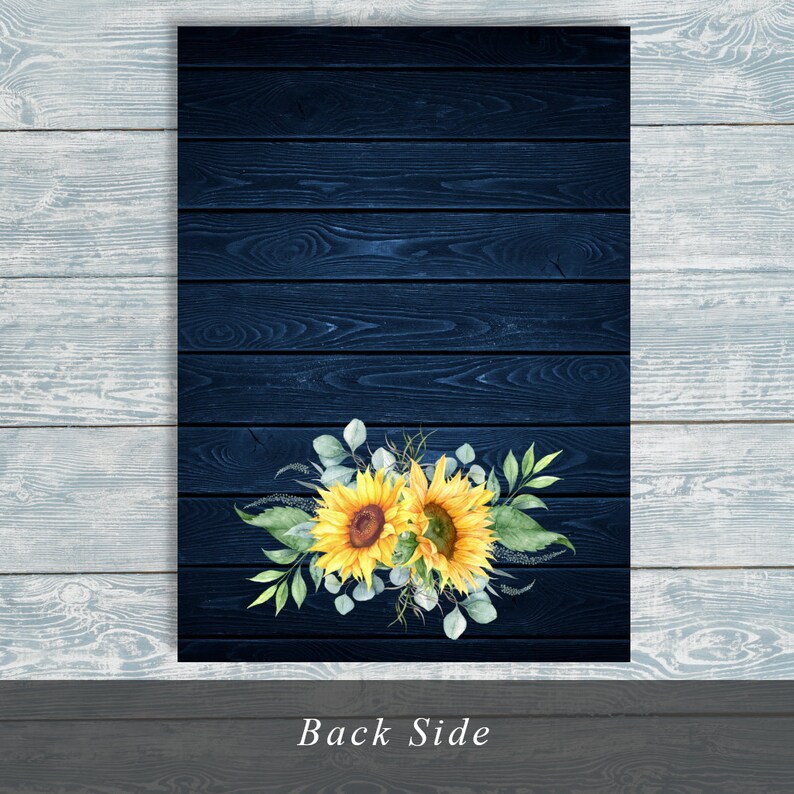 May include: A navy blue wooden background with a floral arrangement of sunflowers and greenery at the bottom. The text "Back Side" is printed in white at the bottom of the image.