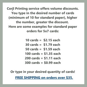 May include: Text on a light green background details volume discounts for Corjl Printing service. Examples for 5x7 cards are listed, showing prices per card based on quantity ordered, starting with 10 cards at $2.15 each.
