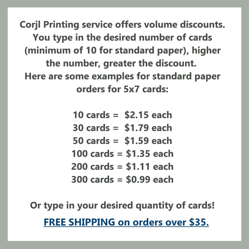 May include: Text on a light green background details volume discounts for Corjl Printing service. Examples for 5x7 cards are listed, showing prices per card based on quantity ordered, starting with 10 cards at $2.15 each.