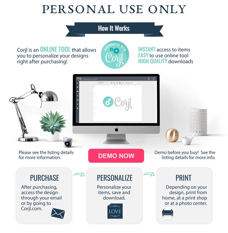 May include: An image with the text "PERSONAL USE ONLY" and "How It Works." It shows a computer screen with the Corjl logo, and instructions on how to purchase, personalize, and print designs. There is a desk lamp, a succulent, and other decorative items.