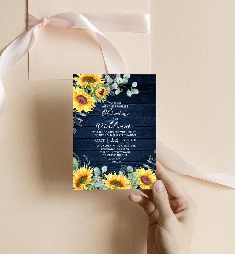 Blue Rustic Sunflower Wedding Template Set Editable Invitation, RSVP and Details Cards Printable Corjl Downloads image 4