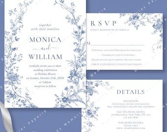 Victorian French Garden Wedding Template Set; Editable Invitation Photo Card, RSVP, Details; Printable Corjl Downloadable JPG Pdf +Print POD