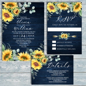 Blue Rustic Sunflower Wedding Template Set Editable Invitation, RSVP and Details Cards Printable Corjl Downloads image 1