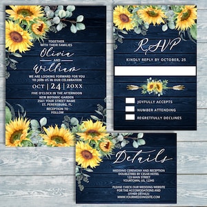 Blue Wood Rustic Sunflower Wedding Template Set; Editable Invitation, RSVP and Details Cards; Printable Editable Template PNG, JPG, Pdf