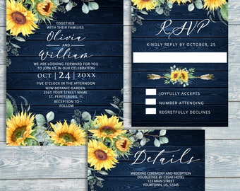 Blue Wood Rustic Sunflower Wedding Template Set; Editable Invitation, RSVP and Details Cards; Printable Template JPG Pdf + Print POD
