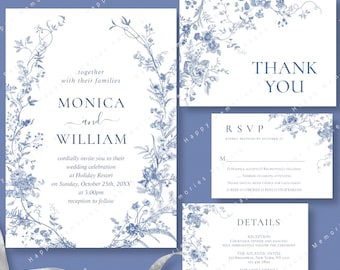 Vintage French Garden Wedding Template Set; Editable Thank You, Invitation, Photo, RSVP, Details Cards; Printable Corjl JPG Pdf + Print POD