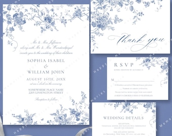 Vintage French Garden Wedding Template Set; Editable Thank You, Invitation, Photo, RSVP,Details Card; Printable Corjl Jpg Pdf + Print POD