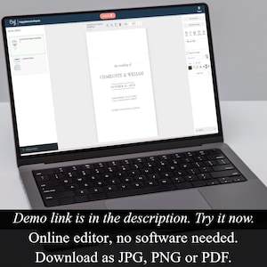 May include: A laptop displaying a wedding invitation design. The invitation features the text "the wedding of CHARLOTTE & WILLIAM" and "OCTOBER 26, 20XX". The screen also shows editing tools and the text "Demo link is in the description. Try it now."