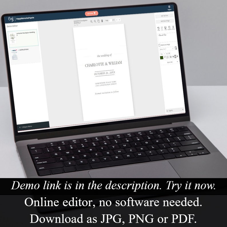 May include: A laptop displaying a wedding invitation design. The invitation features the text "the wedding of CHARLOTTE & WILLIAM" and "OCTOBER 26, 20XX". The screen also shows editing tools and the text "Demo link is in the description. Try it now."