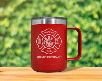 Presente personalizado para bombeiros - Caneca de café térmica de 443 ml (15 oz) com tema de bombeiros