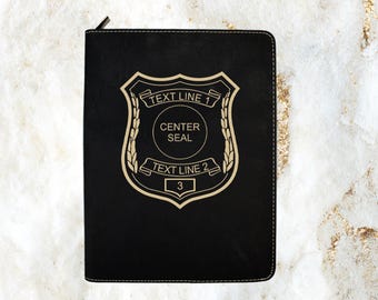 Police Shield Zippered Leatherette Padfolio with Pen