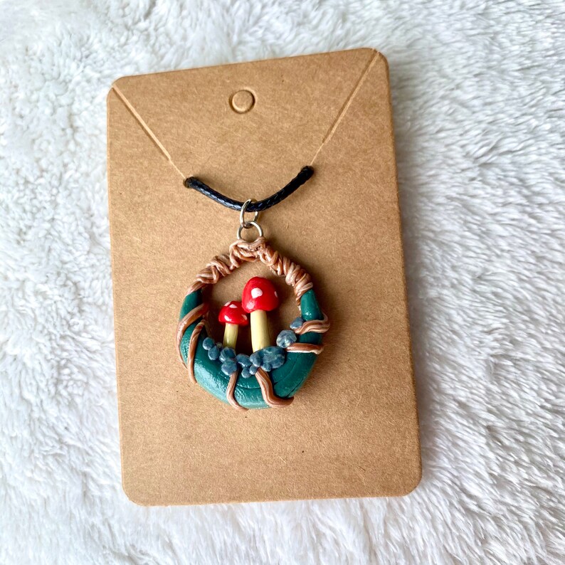 Mushroom scene flora clay necklace cottage core fungus woodland nature unique pendant by KrwCreationss