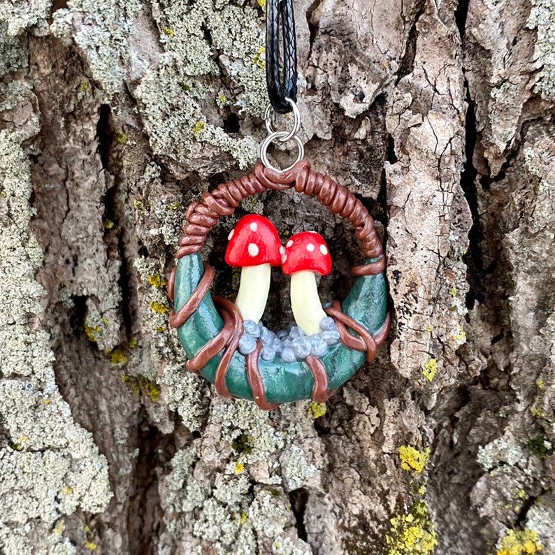 Mushroom scene flora clay necklace cottage core fungus woodland nature unique pendant by KrwCreationss