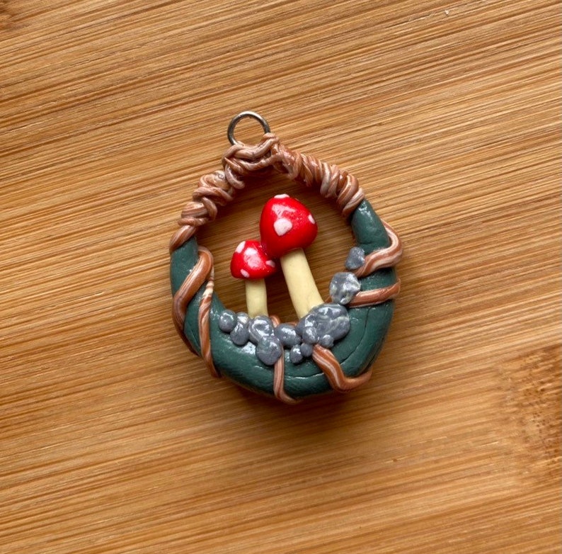 Mushroom scene flora clay necklace cottage core fungus woodland nature unique pendant by KrwCreationss