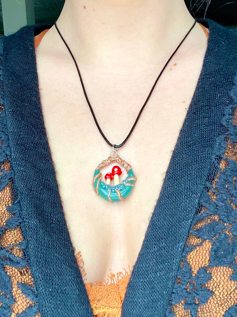 Mushroom scene flora clay necklace cottage core fungus woodland nature unique pendant by KrwCreationss