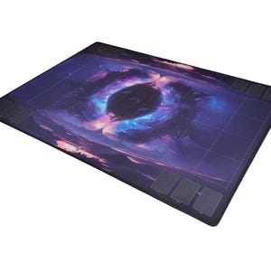 May include: Rectangular playmat featuring a cosmic design with a central black hole surrounded by swirling purple, blue, and pink nebulas. The mat has a grid pattern and card zones, suitable for tabletop games.