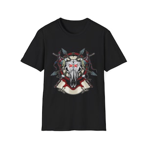 May include: Black t-shirt with a graphic of a Native American inspired design featuring a bull skull with arrows and feathers.