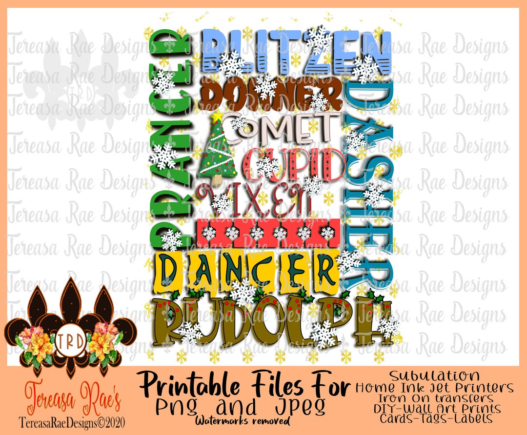 Santa's Reindeer Names Printable Sublimation Christmas Printable-png Instant Download - Etsy