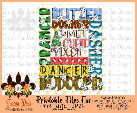 Santa's Reindeer Names Printable Sublimation Christmas | Etsy