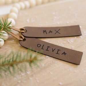 Personalized Leatherette Christmas Stocking Tag: Minimalist Gift Tag, Kids Writing