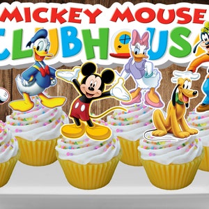 May include: Cupcakes with white icing and colourful sprinkles, topped with Mickey Mouse Clubhouse character cutouts. The image includes Mickey, Minnie, Donald Duck, Daisy Duck, Goofy, and Pluto, with a "Mickey Mouse Clubhouse" banner.