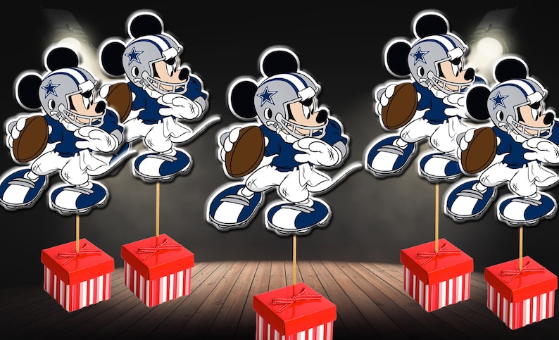 May include: Five red and white striped boxes with a blue and white football player Mickey Mouse topper on each. The Mickey Mouse figures are wearing a Dallas Cowboys helmet and jersey.