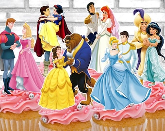 Set of 12 pairs of Disney Princesses and Prince  cupcake toppers