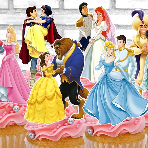 Set of 12 pairs of Disney Princesses and Prince  cupcake toppers