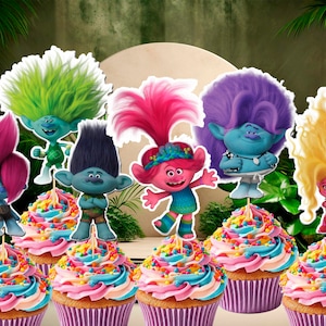 Trolls Band Together Cupcake Topper, Geburtstagsdekoration, Cupcake Dekoration (12 Stück)