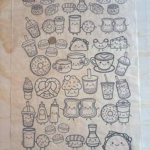 May include: A beige, rectangular sheet featuring numerous black line drawings of various food items. The illustrations include sushi, donuts, tacos, coffee cups, and other snacks. The sheet appears to be made of parchment paper.
