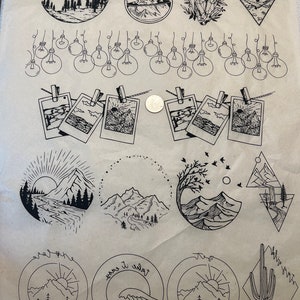 May include: A sheet of paper with various black and white illustrations of nature scenes, including mountains, trees, a cactus, a wave, and a mushroom. The illustrations are in a minimalist style and are surrounded by text.