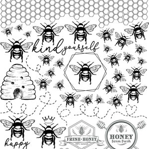Pode incluir: Ilustração em preto e branco de abelhas, favos de mel e colmeias com o texto "kind yourself" e "happy". Há também vários rótulos com o texto "HONEY" e descrições como "farm fresh", "100% natural" e "premium quality".