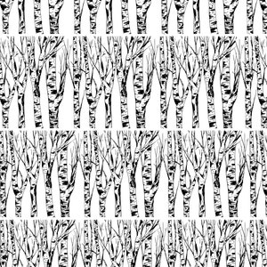 May include: Black and white illustration of a forest of birch trees. The trees are drawn in a simple, stylized manner, with their trunks and branches clearly visible. The image is repeated seamlessly, creating a pattern that could be used for a variety of purposes.
