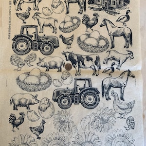 May include: A black and white illustration of a farmyard scene with a house, animals, and tractors. The illustration includes a rooster, a cow, a pig, a horse, a goat, a chicken, a tractor, and a sunflower.