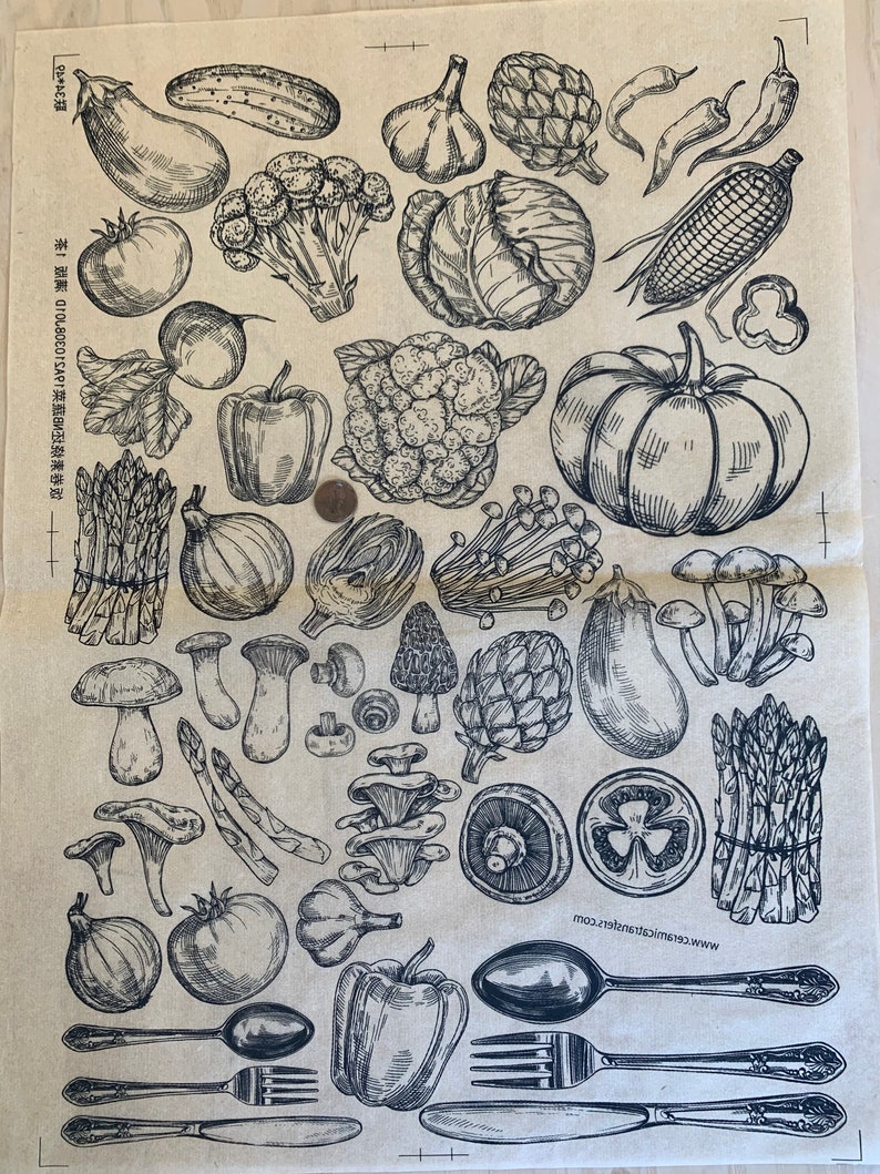 May include: A black and white illustration of various vegetables and mushrooms on a beige background. The vegetables include eggplant, cucumber, tomatoes, peppers, asparagus, garlic, onions, cauliflower, cabbage, artichokes, corn, and pumpkin. The mushrooms are various types of mushrooms, including chanterelles, portobellos, and button mushrooms. There are also two forks, a knife, and a spoon on the bottom of the image.