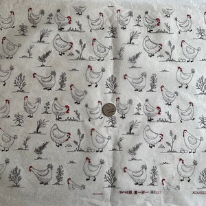 May include: A sheet of paper with a repeating pattern of black and white chickens with red combs. The chickens are interspersed with small plants and eggs. The paper has a slightly wrinkled texture.