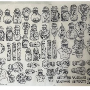 May include: A black and white illustration of a collection of over 50 small bottles with various designs, including stars, butterflies, and flowers. The bottles are drawn in a whimsical style and would be perfect for a craft project or to use as inspiration for a new design.