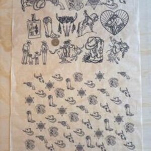 May include: A sheet of paper featuring black and white illustrations of cowboy-themed imagery. Designs include cowboy boots, hats, revolvers, a bull's skull, a sheriff's star, and a heart with a cowboy hat. The paper has a slightly aged appearance.