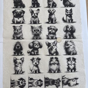 May include: A rectangular sheet of off-white paper featuring a grid of twenty-four black and white ink illustrations of various dog breeds in a sketch style. A small circular coin is placed near the centre for scale reference.